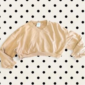 Aerie Beige V-Neck Cropped Sweatshirt